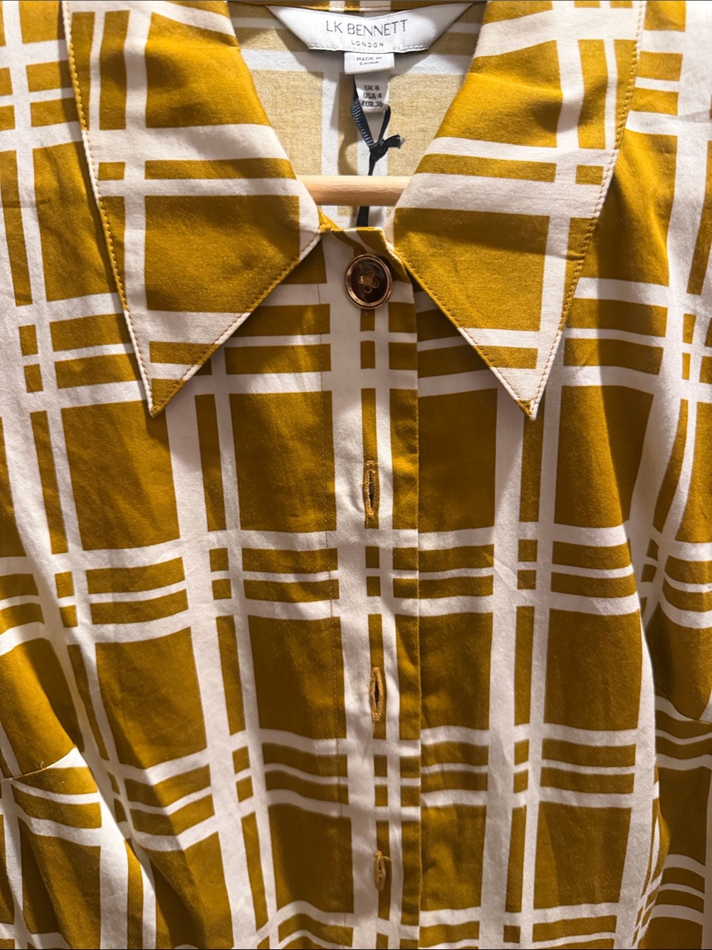 New with tag LK Bennett Mustard Plaid Midi Shirt Dress with White Hem - Picture 7 of 8